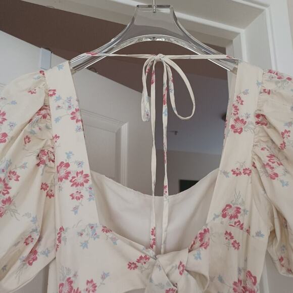 WAYF Whisper Pink Floral Midi Dress Square Neck Puff Sleeve Tie Back M NWT - Picture 7 of 13